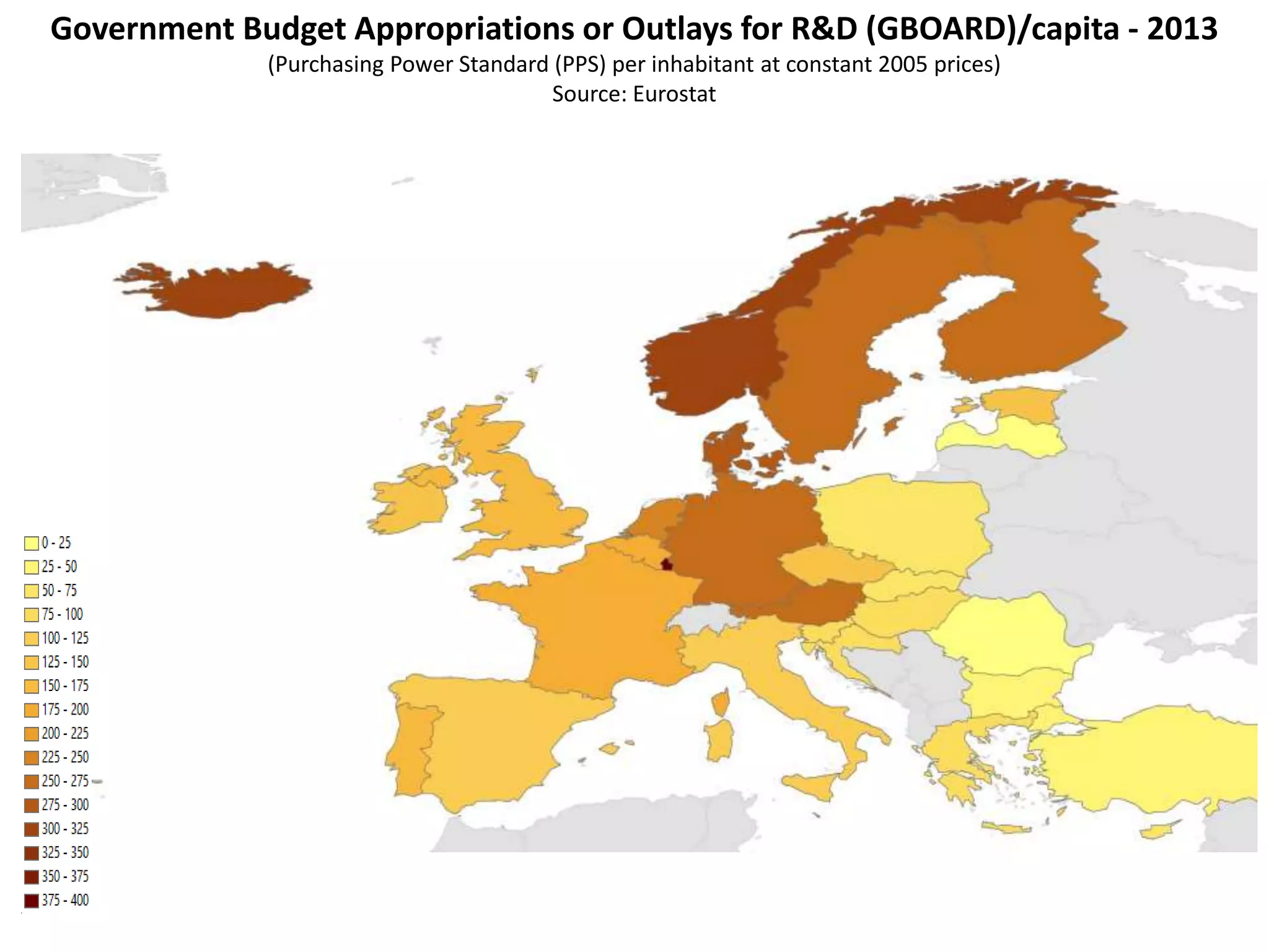 Government Budget Appropriations or Outlays for R&D (GBOARD)/capita - 2013
(Purchasing Power Standard (PPS) per inhabitant at constant 2005 prices)
Source: Eurostat
 