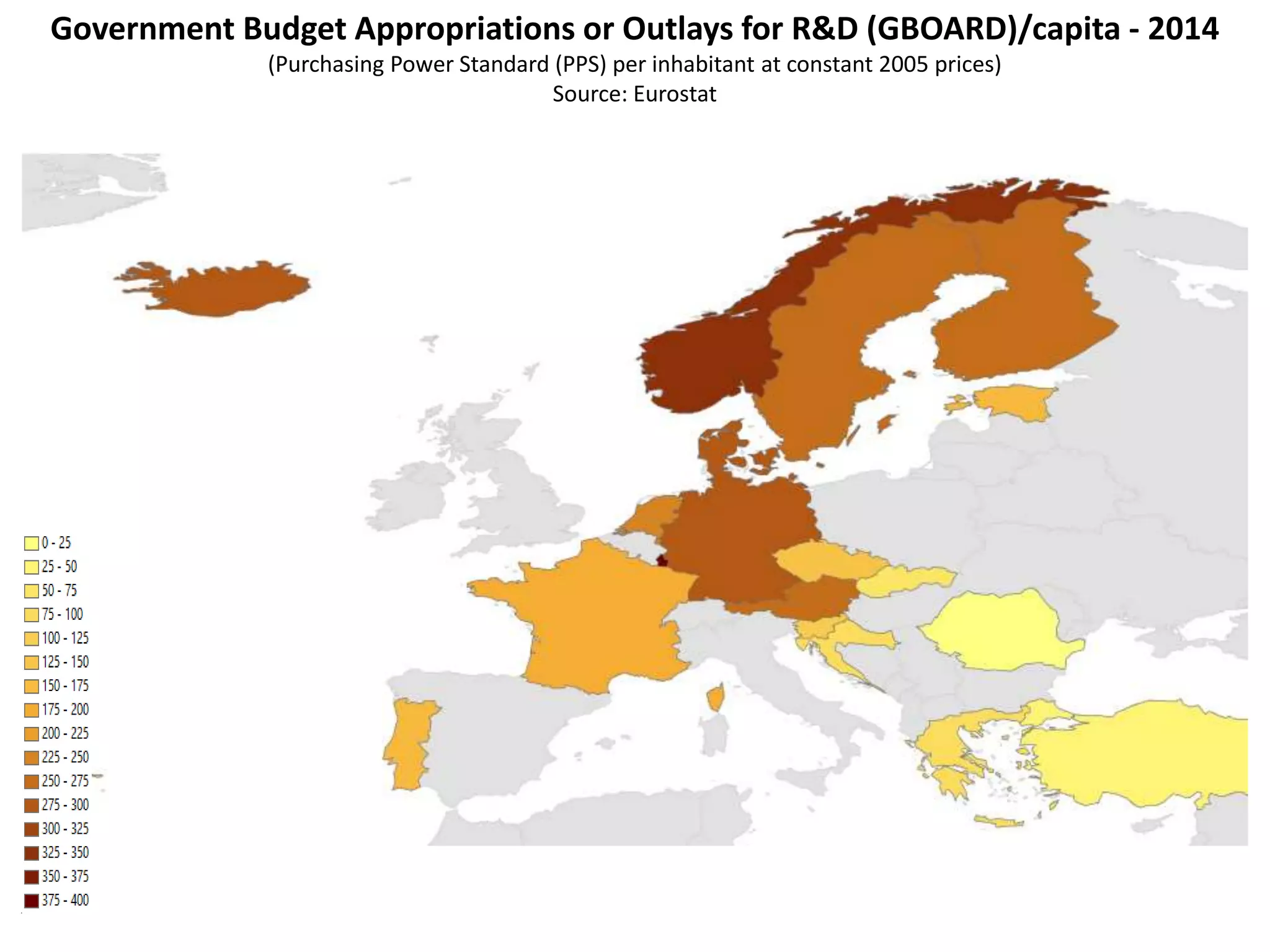 Government Budget Appropriations or Outlays for R&D (GBOARD)/capita - 2014
(Purchasing Power Standard (PPS) per inhabitant at constant 2005 prices)
Source: Eurostat
 