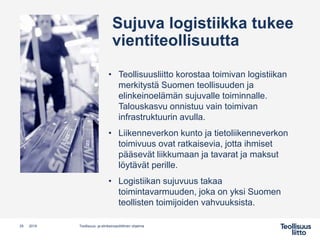 Sujuva logistiikka tukee
vientiteollisuutta
• Teollisuusliitto korostaa toimivan logistiikan
merkitystä Suomen teollisuuden ja
elinkeinoelämän sujuvalle toiminnalle.
Talouskasvu onnistuu vain toimivan
infrastruktuurin avulla.
• Liikenneverkon kunto ja tietoliikenneverkon
toimivuus ovat ratkaisevia, jotta ihmiset
pääsevät liikkumaan ja tavarat ja maksut
löytävät perille.
• Logistiikan sujuvuus takaa
toimintavarmuuden, joka on yksi Suomen
teollisten toimijoiden vahvuuksista.
Teollisuus- ja elinkeinopoliittinen ohjelma25 2019
 