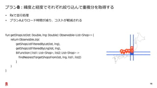 10
プラン ：緯度と経度でそれぞれ絞り込んで重複分を取得する
• で並行処理
• プラン よりロード時間が減り、コストが軽減される
 