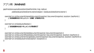 16
アプリ側（ ）
該当範囲内のドキュメント（店舗）が取得された
該当範囲内の全ドキュメントが取得完了
 