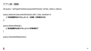 17
アプリ側（ ）
該当範囲内のドキュメント（店舗）が取得された
該当範囲内の全ドキュメントが取得完了
 