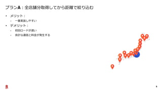 9
プラン ：全店舗分取得してから距離で絞り込む
• メリット：
• 一番実装しやすい
• デメリット：
• 初回ロードが遅い
• 余計な通信と料金が発生する
 