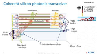 © 2019 ADVA Optical Networking. All rights reserved.1111
Coherent silicon photonic transceiver
Polarization beam splitter
MMI coupler
Edge
coupler
Photo
diodes
Photo
diodes
Modulators Heaters
Waveguide
crossings
10mm x 5mm
 
