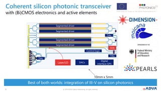 © 2019 ADVA Optical Networking. All rights reserved.1515
with (Bi)CMOS electronics and active elements
Best of both worlds: integration of III-V on silicon photonics
Coherent silicon photonic transceiver
Segmented driver
Segmented driver
Segmented driver
Segmented driver
TIAs
TIAs
DACs
Digital
interface (SPI)
Control logic
10mm x 5mm
Laser/LO
SOA
TIAs
 