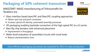 © 2019 ADVA Optical Networking. All rights reserved.1919
MASSTART: MASS manufacturing of TrAnsceiveRs for
Terabit/s era
 Glass interface based laser/PIC and fiber/PIC coupling approaches
 Obtain spot size and pitch converters
 Increase optical I/O density, automated assembly processes
 3D packaging enabling backside connection of the high speed PIC to a Si carrier
 New flip chip bonders with enhanced placement
 Improvement in throughput
 Wafer-level evaluation of assembled circuits with novel tools
 Reduce characterization time
Cost-efficient packaging processes are essential for PICs in mass production
Packaging of SiPh coherent transceiver
 