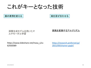 これがキーとなった技術
顔の表情を変える 絵を混ぜ合わせる
2019/9/25 56
深層生成モデルを用いたマ
ルチモーダル学習
https://www.slideshare.net/masa_s/ss-
62920389
画風を変換するアルゴリズム
https://research.preferred.jp/
2015/09/chainer-gogh/
 