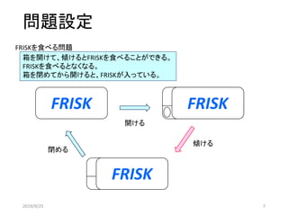 問題設定
FRISK FRISK
FRISK
開ける
傾ける
閉める
箱を開けて、傾けるとFRISKを食べることができる。
FRISKを食べるとなくなる。
箱を閉めてから開けると、FRISKが入っている。
FRISKを食べる問題
2019/9/25 7
 