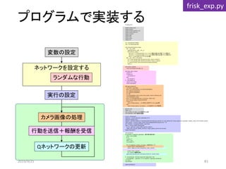 プログラムで実装する
ネットワークを設定する
Qネットワークの更新
カメラ画像の処理
ランダムな行動
変数の設定
実行の設定
# coding:utf-8
import numpy as np
import chainer
import chainer.functions as F
import chainer.links as L
import chainerrl
import copy
import time
import serial
import cv2
ser = serial.Serial("COM6")
cap = cv2.VideoCapture(0)
class QFunction(chainer.Chain):
def __init__(self):
super(QFunction, self).__init__()
with self.init_scope():
self.conv1 = L.Convolution2D(1, 8, 5, 1, 0) # 1層目の畳み込み層（フィルタ数は8）
self.conv2 = L.Convolution2D(8, 16, 5, 1, 0) # 2層目の畳み込み層（フィルタ数は16）
self.l3 = L.Linear(400, 2) # アクションは2通り
def __call__(self, x, test=False):
h1 = F.max_pooling_2d(F.relu(self.conv1(x)), ksize=2, stride=2)
h2 = F.max_pooling_2d(F.relu(self.conv2(h1)), ksize=2, stride=2)
y = chainerrl.action_value.DiscreteActionValue(self.l3(h2))
return y
def random_action():
return np.random.choice([0, 1])
def step(_state, action):
reward = 0
if action==0:
ser.write(b"p")
else:
ser.write(b"i")
# time.sleep(1.0)
reward = ser.read();
return int(reward)
def capture(ndim=3):
ret, frame = cap.read()
gray = cv2.cvtColor(frame, cv2.COLOR_BGR2GRAY)
xp = int(frame.shape[1]/2)
yp = int(frame.shape[0]/2)
d = 200
cv2.rectangle(gray, (xp-d, yp-d), (xp+d, yp+d), color=0, thickness=10)
cv2.imshow('gray', gray)
gray = cv2.resize(gray[yp-d:yp + d, xp-d:xp + d],(32, 32))
env = np.asarray(gray, dtype=np.float32)
if ndim == 3:
return env[np.newaxis, :, :] # 2次元→3次元テンソル（replay用）
else:
return env[np.newaxis, np.newaxis, :, :] # 4次元テンソル（判定用）
gamma = 0.8
alpha = 0.5
max_number_of_steps = 15 #1試行のstep数
num_episodes = 500 #総試行回数
q_func = QFunction()
optimizer = chainer.optimizers.Adam(eps=1e-2)
optimizer.setup(q_func)
explorer = chainerrl.explorers.LinearDecayEpsilonGreedy(start_epsilon=1.0, end_epsilon=0.0, decay_steps=num_episodes, random_action_func=random_action)
replay_buffer = chainerrl.replay_buffer.PrioritizedReplayBuffer(capacity=10 ** 6)
phi = lambda x: x.astype(np.float32, copy=False)
agent = chainerrl.agents.DoubleDQN(
q_func, optimizer, replay_buffer, gamma, explorer,
replay_start_size=50, update_interval=1, target_update_interval=10, phi=phi)
#agent.load('agent')
time.sleep(5.0)
for episode in range(num_episodes): #試行数分繰り返す
state = np.array([0])
R = 0
reward = 0
done = True
ser.write(b"c")
for t in range(max_number_of_steps): #1試行のループ
camera_state = capture(ndim=3)
action = agent.act_and_train(camera_state, reward)
reward = step(state, action)
print(t, action, reward)
R += reward #報酬を追加
agent.stop_episode_and_train(capture(ndim=3), reward, done)
# print('episode : %d total reward %d' %(episode+1, R))
print('episode : ', episode+1, 'R', R, 'statistics:', agent.get_statistics())
ser.close()
cap.release()
agent.save('agent')
行動を送信＋報酬を受信
frisk_exp.py
2019/9/25 81
 