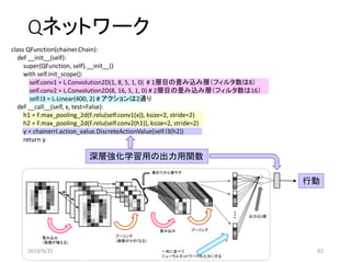 Qネットワーク
class QFunction(chainer.Chain):
def __init__(self):
super(QFunction, self).__init__()
with self.init_scope():
self.conv1 = L.Convolution2D(1, 8, 5, 1, 0) # 1層目の畳み込み層（フィルタ数は8）
self.conv2 = L.Convolution2D(8, 16, 5, 1, 0) # 2層目の畳み込み層（フィルタ数は16）
self.l3 = L.Linear(400, 2) # アクションは2通り
def __call__(self, x, test=False):
h1 = F.max_pooling_2d(F.relu(self.conv1(x)), ksize=2, stride=2)
h2 = F.max_pooling_2d(F.relu(self.conv2(h1)), ksize=2, stride=2)
y = chainerrl.action_value.DiscreteActionValue(self.l3(h2))
return y
深層強化学習用の出力用関数
出力は2個
一列に並べて
ニューラルネットワークの入力にする．
畳み込み
（画像が増える）
集めてから増やす
畳み込み プーリング
プーリング
（画像が小さくなる）
行動
2019/9/25 82
 