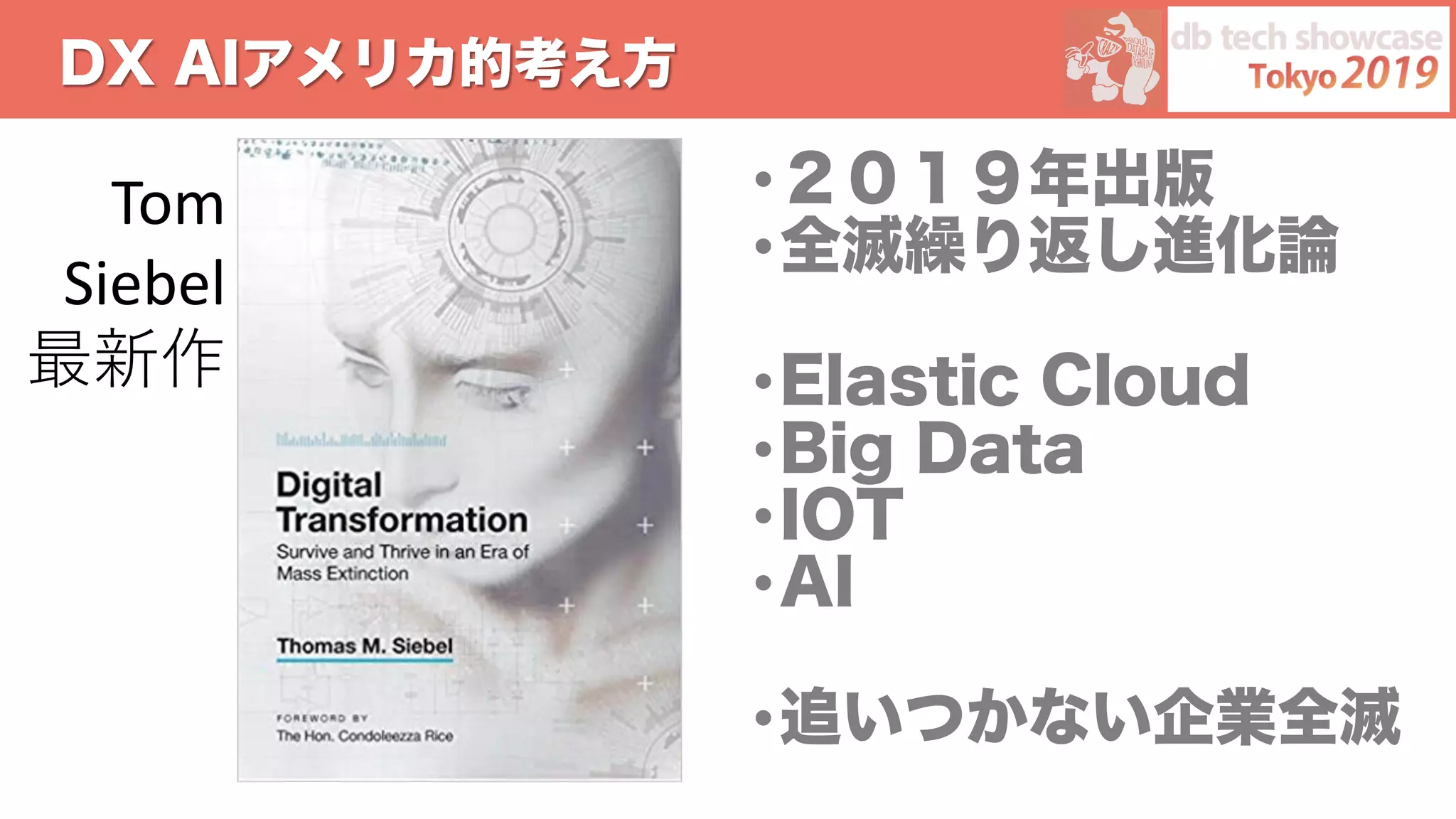 DX AIアメリカ的考え方
•２０１９年出版
•全滅繰り返し進化論
•Elastic Cloud
•Big Data
•IOT
•AI
•追いつかない企業全滅
Tom
Siebel
最新作
 
