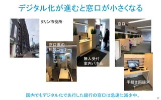 17
デジタル化が進むと窓口が小さくなる
タリン市役所
無人受付
案内パネル
窓口
手続き用端末
窓口裏の
相談コーナー
国内でもデジタル化で先行した銀行の窓口は急速に減少中。
 