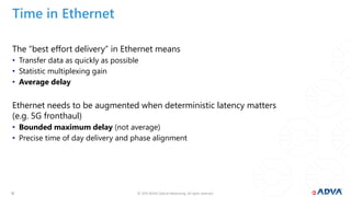 © 2019 ADVA Optical Networking. All rights reserved.1010
Time in Ethernet
The “best effort delivery” in Ethernet means
• Transfer data as quickly as possible
• Statistic multiplexing gain
• Average delay
Ethernet needs to be augmented when deterministic latency matters
(e.g. 5G fronthaul)
• Bounded maximum delay (not average)
• Precise time of day delivery and phase alignment
 