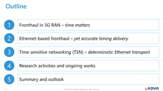 © 2019 ADVA Optical Networking. All rights reserved.22
Outline
Fronthaul in 5G RAN – time matters
Time sensitive networking (TSN) – deterministic Ethernet transport
Research activities and ongoing works
1
2
3
4
Ethernet-based fronthaul – yet accurate timing delivery
Summary and outlook5
 