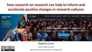 how research on research can help to inform and
accelerate positive changes in research cultures
Stephen Curry
Imperial College and DORA
Research on Research Institute | 30 Sept 2019 1
 