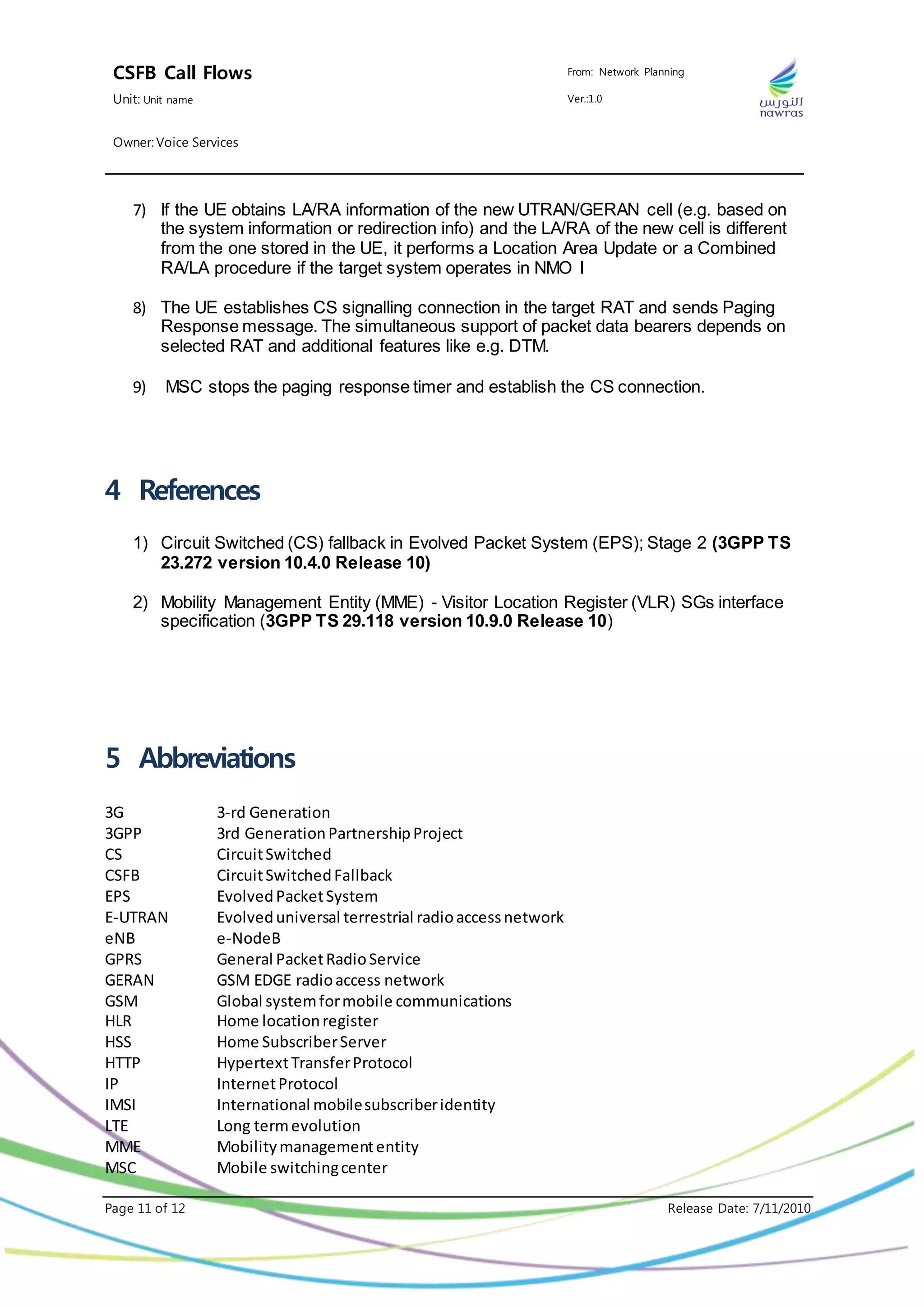 CSFB Call Flows From: Network Planning
Unit: Unit name Ver.:1.0
Owner: Voice Services
Page 11 of 12 Release Date: 7/11/2010
7) If the UE obtains LA/RA information of the new UTRAN/GERAN cell (e.g. based on
the system information or redirection info) and the LA/RA of the new cell is different
from the one stored in the UE, it performs a Location Area Update or a Combined
RA/LA procedure if the target system operates in NMO I
8) The UE establishes CS signalling connection in the target RAT and sends Paging
Response message. The simultaneous support of packet data bearers depends on
selected RAT and additional features like e.g. DTM.
9) MSC stops the paging response timer and establish the CS connection.
4 References
1) Circuit Switched (CS) fallback in Evolved Packet System (EPS); Stage 2 (3GPP TS
23.272 version 10.4.0 Release 10)
2) Mobility Management Entity (MME) - Visitor Location Register (VLR) SGs interface
specification (3GPP TS 29.118 version 10.9.0 Release 10)
5 Abbreviations
3G 3-rd Generation
3GPP 3rd GenerationPartnershipProject
CS CircuitSwitched
CSFB CircuitSwitchedFallback
EPS EvolvedPacketSystem
E-UTRAN Evolveduniversal terrestrial radioaccessnetwork
eNB e-NodeB
GPRS General PacketRadioService
GERAN GSM EDGE radioaccess network
GSM Global systemformobile communications
HLR Home locationregister
HSS Home SubscriberServer
HTTP HypertextTransferProtocol
IP InternetProtocol
IMSI International mobilesubscriberidentity
LTE Long termevolution
MME Mobilitymanagemententity
MSC Mobile switchingcenter
 