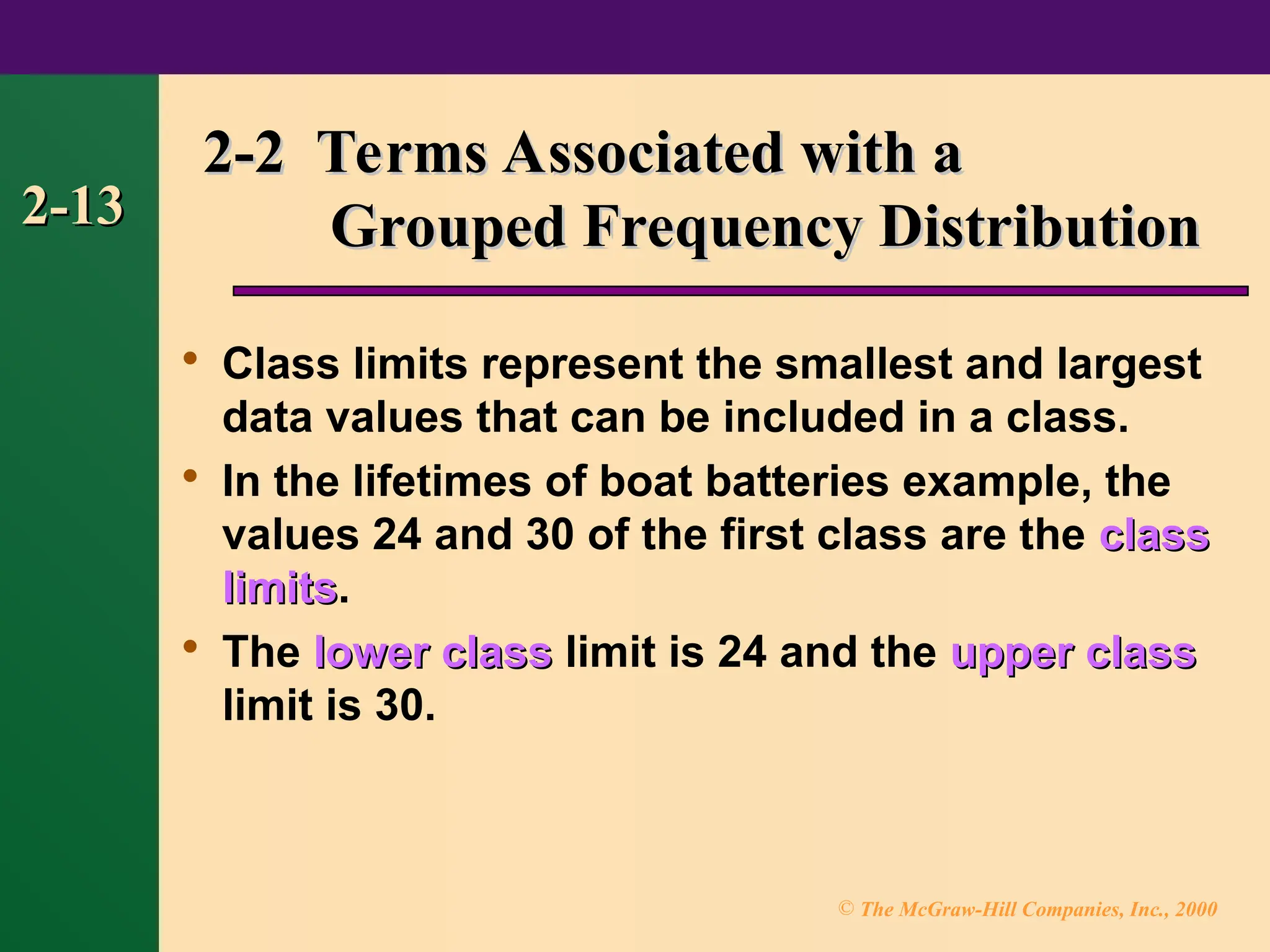 © The McGraw-Hill Companies, Inc., 2000
2-13
2-13
2-2 Terms Associated with a
2-2 Terms Associated with a
Grouped Frequency Distribution
Grouped Frequency Distribution

Class limits represent the smallest and largest
data values that can be included in a class.

In the lifetimes of boat batteries example, the
values 24 and 30 of the first class are the class
class
limits
limits.

The lower class
lower class limit is 24 and the upper class
upper class
limit is 30.
 