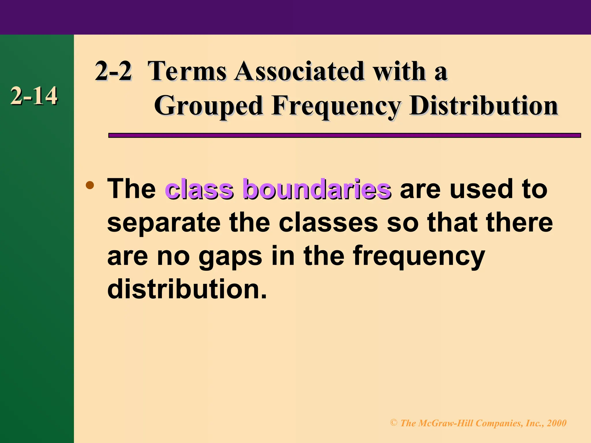 © The McGraw-Hill Companies, Inc., 2000
2-14
2-14

The class boundaries
class boundaries are used to
separate the classes so that there
are no gaps in the frequency
distribution.
2-2 Terms Associated with a
2-2 Terms Associated with a
Grouped Frequency Distribution
Grouped Frequency Distribution
 
