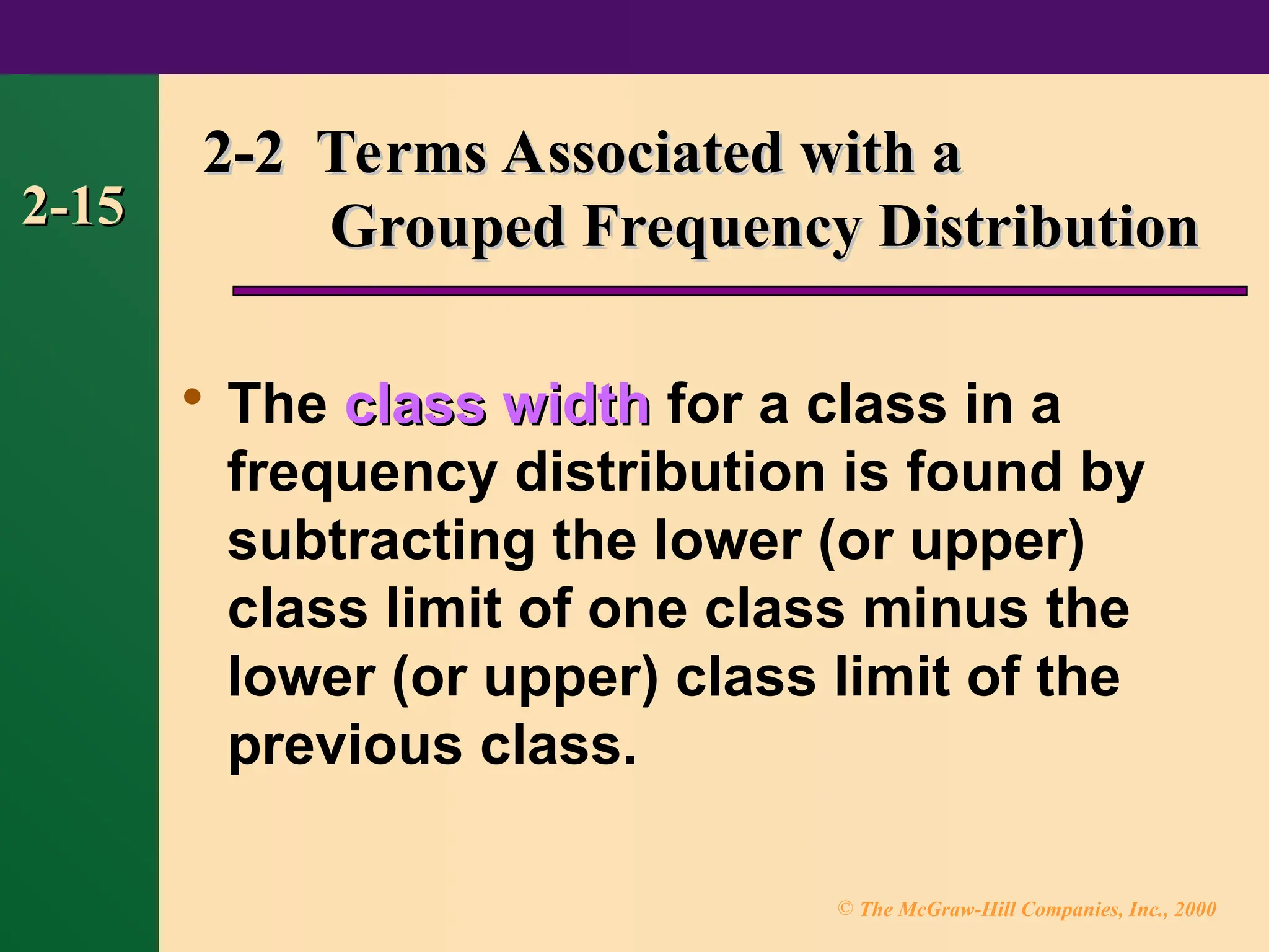 © The McGraw-Hill Companies, Inc., 2000
2-15
2-15

The class width
class width for a class in a
frequency distribution is found by
subtracting the lower (or upper)
class limit of one class minus the
lower (or upper) class limit of the
previous class.
2-2 Terms Associated with a
2-2 Terms Associated with a
Grouped Frequency Distribution
Grouped Frequency Distribution
 