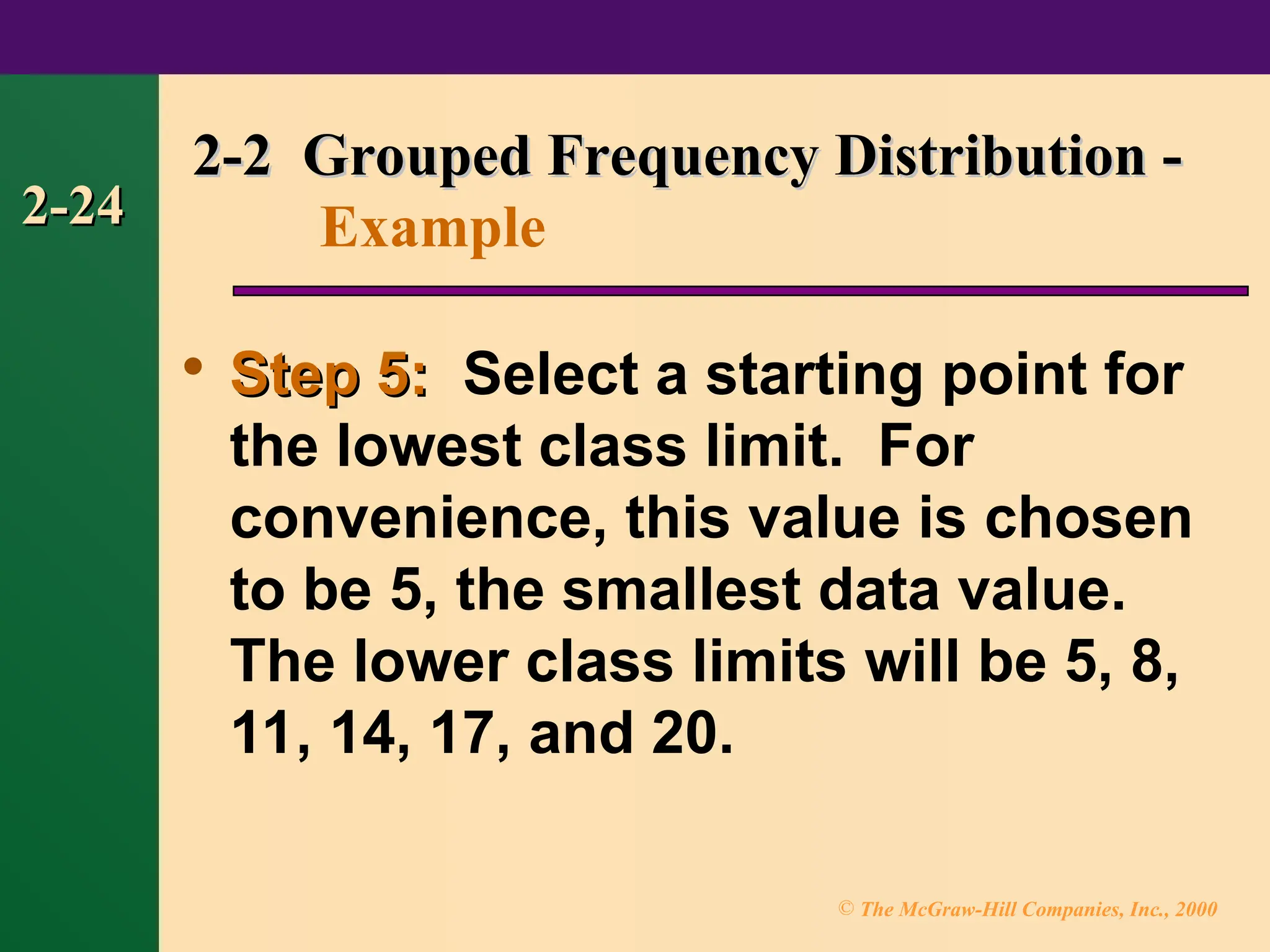 © The McGraw-Hill Companies, Inc., 2000
2-24
2-24

Step 5:
Step 5: Select a starting point for
the lowest class limit. For
convenience, this value is chosen
to be 5, the smallest data value.
The lower class limits will be 5, 8,
11, 14, 17, and 20.
2-2 Grouped Frequency Distribution -
2-2 Grouped Frequency Distribution -
Example
 
