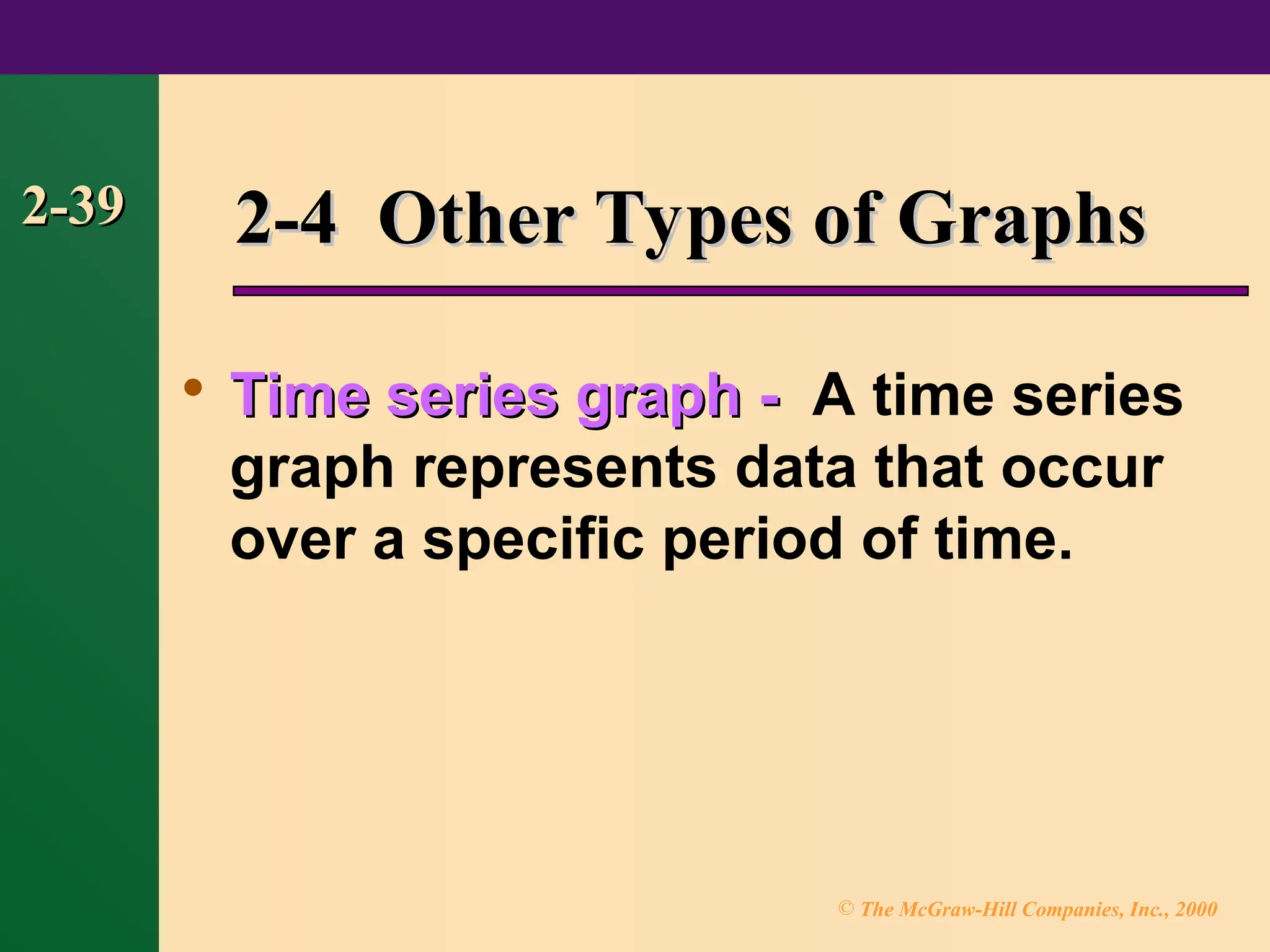 © The McGraw-Hill Companies, Inc., 2000
2-39
2-39 2-4 Other Types of Graphs
2-4 Other Types of Graphs

Time series graph -
Time series graph - A time series
graph represents data that occur
over a specific period of time.
 