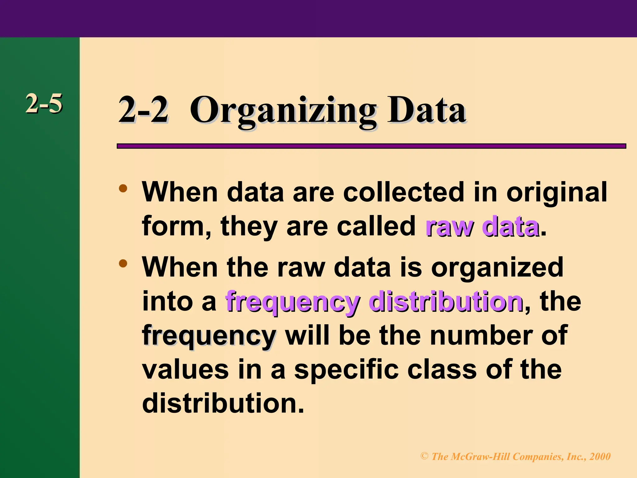© The McGraw-Hill Companies, Inc., 2000
2-5
2-5 2-2 Organizing Data
2-2 Organizing Data

When data are collected in original
form, they are called raw data
raw data.

When the raw data is organized
into a frequency distribution
frequency distribution, the
frequency
frequency will be the number of
values in a specific class of the
distribution.
 