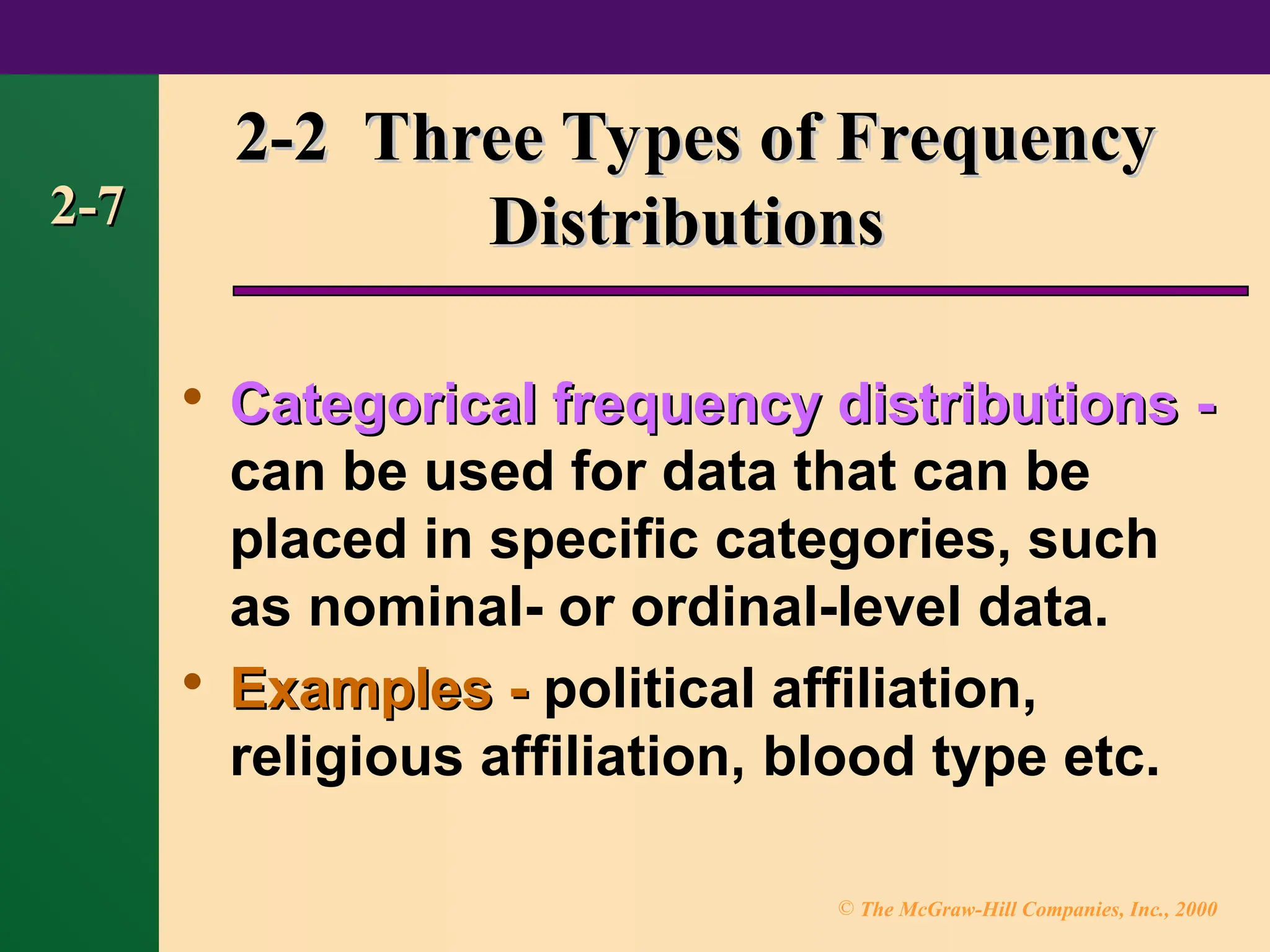 © The McGraw-Hill Companies, Inc., 2000
2-7
2-7
2-2 Three Types of Frequency
2-2 Three Types of Frequency
Distributions
Distributions

Categorical frequency distributions
Categorical frequency distributions -
-
can be used for data that can be
placed in specific categories, such
as nominal- or ordinal-level data.

Examples -
Examples - political affiliation,
religious affiliation, blood type etc.
 