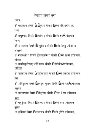 dovataMcao gaaya~I man~
gaNaoXa
! ekdMtaya ivaÒho È vaËtuMDaya QaImaih È tnnaao dMit p`caaodyaat
iXava
! t%puéYaaya ivaÒho È mahadovaaya QaImaih È tnnaao éd`Á p`caaodyaat
ivaYNau
! naarayaNaaya ivaÒho È vaasaudovaaya QaImaih È tnnaao ivaYNau p`caaodyaat
EaIlaxmaI
! mahalaxmaI ca ivaÒho È ivaYNaupi%na ca QaImaih È tnnaao laxmaI p`caaodyaat
saivata
! t%saivatuva-rNyama Bagaao- dovasya QaImaih È QaIyaaoyaaonaÁ p`caaodyaat
                o
Aaid%ya
! Baaskraya ivaÒho È mahVuitkraya QaImaih È tnnaao Aaid%ya p`caaodyaat
d<a
! Ai~pu~aya ivaÒho È AnasaUyaa pu~aya QaImaih È tnnaao d<aÁ p`caaodyaat
paMDurgaM
! Ba>vardaya ivaÒho È paMDurgaaya QaImaih È tnnaao ÌYNa p`caaodyaat
                                   M
ba`*maa
! catumau-Kaya ivaÒho È hMsa$Zaya QaImaih È tnnaao ba`*ma p`caaodyaat
naRisaMh
! naRisaMhaya ivaÒho È vaja`naKaya QaImaih È tnnaao naRisaMh p`caaodyaat

                                    32
 