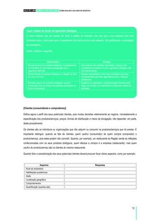 VALE DO LIMA AGRICULTURA BIOLÓGICA [COMO AVALIAR A SUA IDEIA DE NEGÓCIO?]
12
[Clientes (consumidores e compradores)]
Defina agora o perfil dos seus potenciais clientes, pois muitas decisões relativamente ao negócio, nomeadamente a
especificação dos produtos/serviços, preços, formas de distribuição e meios de divulgação, irão depender, em parte,
deste procedimento.
Os clientes são os indivíduos ou organizações que irão adquirir ou consumir os produtos/serviços que irá prestar. É
importante distinguir, quando se fala de clientes, quem usufrui (consumidor) de quem compra (comprador) o
produto/serviço, pois estes podem não coincidir. Quando, por exemplo, um restaurante da Região vende as refeições
confeccionadas com os seus produtos biológicos, quem efectua a compra é a empresa (restaurante), mas quem
usufrui do produto/serviço são os clientes do mesmo restaurante.
Quando fizer a caracterização dos seus potenciais clientes deverá procurar focar vários aspectos, como por exemplo:
Aspectos Respostas
Nível de rendimento
Habilitações académicas
Idade
Localização geográfica
Comportamentos
Quantificação (quantos são)
Caso: Análise do Sector da Agricultura Biológica
O Nuno resolveu que ele mesmo iria fazer a análise do mercado, uma vez que a sua empresa teria uma
dimensão micro, onde prevê que o investimento não tenha de ser muito elevado, não justificando a contratação
de consultores.
Assim, verificou o seguinte:
Oportunidades Ameaças
Elevada procura de produtos biológicos, nomeadamente
em resultado de uma maior preocupação com a
segurança alimentar.
Concorrência dos produtos importados a preços mais
competitivos de países em que a agricultura biológica está
mais desenvolvida.
Oferta limitada de produtos biológicos na Região do Vale
do Lima e no País.
Elevada sazonalidade e risco das actividades agrícolas,
nomeadamente pela forte dependência face a factores
climatéricos.
Elevados preços dos produtos biológicos, quando
comparados com os preços dos produtos produzidos de
forma convencional.
Existência de legislação e regulamentação extremamente
rígida, que obriga ao cumprimento de rigorosos critérios de
qualidade.
 