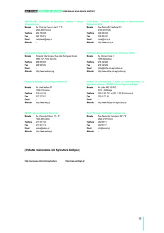 VALE DO LIMA AGRICULTURA BIOLÓGICA [COMO AVALIAR A SUA IDEIA DE NEGÓCIO?]
29
CERTIPLANET, Certificação da Agricultura, Florestas e Pescas,
Unipessoal, Lda.
CCDR Norte – Comissão de Coordenação e Desenvolvimento
Regional do Norte
Morada Av. Porto de Pesca, Lote C, 1º C
2520-208 Peniche
Morada Rua Rainha D. Estefânia 251
4150-304 Porto
Telefone 262 789 005 Telefone 226 086 300
Fax 262 789 514 Fax 226 086 301
Email certiplanet@sapo.pt Email norte@ccr-n.pt
Website - Website http://www.ccr-n.pt
Instituto do Emprego e da Formação Profissional Instituto de Financiamento e Apoio ao Desenvolvimento da
Agricultura e Pescas – IFADAP (Serviço Regional de Braga)
Morada Av. José Malhoa 11
1099-018 Lisboa
Morada Av. João XXI, 535 R/C
4710 - 248 Braga
Telefone 218 614 100 Telefone 253 61 65 70/1 ou 253 21 85 90 (linha azul)
Fax 217 227 013 Fax 253 61 77 99
Email - Email -
Website http://www.iefp.pt Website http://www.ifadap.min-agricultura.pt
SATIVA – Desenvolvimento Rural, Lda. Socert Portugal - Certificação Ecológica, Lda
Morada Av. Visconde Valmor, 11 – 3º
1000-289 Lisboa
Morada Rua Alexandre Herculano, 68-1.º E
2520-273 Peniche
Telefone 217 991 100 Telefone 262785117
Fax 217 991 119 Fax 262787171
Email sativa@sativa.pt Email info@socert.pt
Website http://www.sativa.pt Website -
[Websites relacionados com Agricultura Biológica]
http://europa.eu.int/comm/agriculture http://www.confagri.pt
Comunidade Urbana Valimar – Valimar ComUrb Instituto de Desenvolvimento Rural e Hidraúlica - IDRHa
Morada Palacete Villa Moraes, Rua João Rodrigues Morais
4990- 121 Ponte de Lima
Morada Av. Afonso Costa 3
1949-002 Lisboa
Telefone 258 909 340 Telefone 218 442 200
Fax 258 909 349 Fax 218 442 202
Email - Email idrha@idrha.min-agricultura.pt
Website http://www.valimar.org Website http://www.idrha.min-agricultura.pt
 
