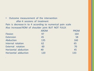 • Outcome measurement of the intervention
after 4 sessions of treatment
Pain is decrease in to 4 according to numerical pain scale
Also increased ROM of shoulder joint BUT NOT FULLY.
AROM PROM
Flexion 97 164
Extension 45 58
Abduction 135 160
Internal rotation 62 65
External rotation 60 70
Horizontal abduction 40 45
Horizontal adduction 120 133
i
 