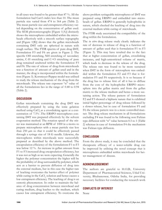 S. K. Sahoo et al., Microspheres Embedded in Microbeads: To Improve Various Controlled Release Characteristics
144 Indian Journal of Pharmaceutical Education and Research | Vol 49 | Issue 2 | Apr-Jun, 2015
in all cases was found to be greater than 87 %. All the
formulation had Carr’s index less than 10. The mean
particle size varied from 474 to 564 µm (Table 2).
The mean particle size and entrapment efficiency var-
ied depending on the concentration of gellan used.
The SEM photomicrographs [Figure 1(A)] distinctly
shows the microspheres embedded within the micro-
beads effectively with a smooth surface topography
and [Figure 1(B)] shows that the gellan microbeads
containing D4T only are spherical in nature with
rough surface. The FTIR spectra of pure drug D4T,
Formulation F3 and F6 are given in Figure 2. The
specific OH stretching, NH stretching of secondary
amine, C-H stretching and C=O stretching of pure
drug remained unaltered within the formulation F3
and F6. The rate of release of drug from microbeads
was a function of amount of gellan used and in the
manner, the drug is incorporated within the formula-
tion (Figure 3). Korsmeyer-Peppas model was utilised
to study the release mechanism of the drug from the
microbeads. The release rate exponent “n” value of
all the formulations lies in the range of 0.48 to 0.94
(Table 2).
DISCUSSION
Gellan microbeads containing the drug D4T was
effectively prepared by using the ionic gelation
method using CaCl2
as a crosslinking agent at a con-
centration of 7.5% .The ERSPO microspheres con-
taining D4T was prepared effectively by the solvent
evaporation method. The rotation speed of the stir-
rer was maintained at an RPM of 1000 in a motto to
prepare microspheres with a mean particle size less
than 250 µm so that it could be effectively passed
through a syringe size of 18 G needle. Likewise, the
microspheres within microbeads were successfully
prepared as described by the above method. The
encapsulation efficiency of the formulations F1 to F3
was below 12 %. An increase in gellan amount from
F1 to F3 increased drug encapsulation efficiency, but
it was not as high as we were expecting. Generally the
higher the polymer concentration the higher will be
the probability of drug surrounded by polymer, which
acts as a barrier to prevent diffusion of drug into
the external medium, but in this case the higher rate
of leaching overcomes the barrier effect of polymer
while curing in the CaCl2
solution and hence causes a
low entrapment efficiency. The leaching of drug is an
osmotic phenomenon. In order to maintain the bal-
ance of drug concentration between microbead and
curing medium, drug leaches to the medium, which
causes low entrapment efficiency. To overcome the
above problem syringeable microspheres of D4T was
prepared using ERSPO and embedded into micro-
beads of gellan. ERSPO is generally hydrophobic in
nature, which checked the leaching of drug into the
external medium while curing of microbeads.
The FTIR study ascertained the compatibility of the
drug within the formulation.
The in vitro drug release study clearly indicates the
rate of decrease in release of drug is a function of
amount of gellan used that is formulation F1 to F3
(Figure 3). This may have resulted due to the fact
that at higher concentration of gellan, crosslinking
increases, and high-unrestricted volume of matrix,
which leads to decrease in the release of the drug.
The release rate was found to be more sustained
when D4T in the form of microsphere was embed-
ded within the formulation F2 and F3 that is for-
mulation F5 and F6 respectively. It is so because if
the drug has to release first of all it has to diffuse
from the core of the hydrophobic ERSPO micro-
sphere into the gellan matrix and from the gellan
matrix to the release medium and hence a more sus-
taining action. The release pattern of formulation
F2 and F3 showed a biphasic nature that is exhibited
initial higher percentage of drug release followed by
a slower release, but in case of formulation F5 and
F6 the release pattern was in a more controlled man-
ner. The drug release mechanism in all formulations
excluding F4 was found to be following non Fickian
type diffusion with “n” value between 0.5 to 1 (Table
2) whereas in case of formulation F4 the mechanism
was Fickian type diffusion.
CONCLUSION
From the above study, it may be concluded that the
therapeutic efficacy of a water-soluble drug can
be improved by utilising the novel concept that is
microspheres embedded within microbeads for bet-
ter management of disease.
ACKNOWLEDGEMENT
The authors are grateful to H.O.D., University
Department of Pharmaceutical Sciences, Utkal Uni-
versity, Bhubaneswar, Odisha India, for providing
necessary facilities for conducting the research work
CONFLICTS OF INTEREST
None
 
