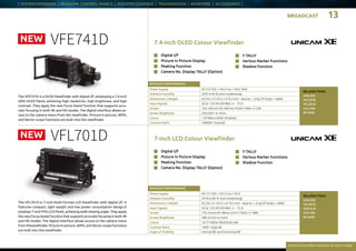 BROADCAST 13
Everytime we reflect ourselves we see an image
| SYSTEM EXPANDER | NETWORK CONTROL PANELS | BOX/POV CAMERAS | TRANSMISSION | MONITORS | ACCESSORIES |
RATINGS / PERFORMANCE
Power Supply DC12 V (DC +10.5 V to +18 V)
Ambient Humidity 20 % to 85 % (non-condensing)
Dimensions / Weight W 235 x H 143.5 x D 76.5 mm - Approx. 1.5 kg (VF body + cable)
Input Signals 3G & 1.5G HD-SDI BNC x1 - 75 Ω
Screen 155.52mm×87.48mm LCD H 1920 x V 1080
Screen Brightness 400 cd /m2 or more
Colour 16.77 Million (RGB 8 bit /ea)
Contrast Ratio 1000:1 (typical)
Angle of Visibility Vertical 80° and horizontal 80°
n	 Digital I/F
n	 Picture in Picture Display
n	 Peaking Function
n	 Camera No. Display TALLY (Option)
n	 Y TALLY
n	 Various Marker Functions
n	 Shadow Function
7-inch LCD Colour ViewfinderVFL701D
RELATED ITEMS:
UHK-430
VFL201D
VFE741D
CCU-430
SE-U430
The VFL701D is 7-inch Multi-Format LCD Viewfinder with digital I/F. It
features compact, light weight and low power consumption design.It
employs 7-inch FHD LCD Panel, achieving wide viewing angle. They apply
the new Focus Assist function that supports accurate focusing in both 4K
and HD modes. The digital interface allows access to the camera menu
from theviewfinder. Picture-in-picture, WFM, and Vector scope functions
are built into this viewfinder. 	
NEW
RATINGS / PERFORMANCE
Power Supply DC12V (DC +10.5V to +18V) 18W
Ambient Humidity 20% to 85% (non-condensing)	
Dimensions / Weight W235 x H143.5 x D76.5mm - Approx. 1.6kg (VF body + cable)
Input Signals 3G & 1.5G HD-SDI BNC x1 - 75Ω				
Screen 164.160mm×92.340mm OLED H 960 x V 540			
Screen Brightness 350cd/m2
or more
Colour 1.07Billion (RGB 10bit/ea)				
Contrast Ratio 100000:1 (typical)
n	 Digital I/F
n	 Picture in Picture Display
n	 Peaking Function
n	 Camera No. Display TALLY (Option)
n	 Y TALLY
n	 Various Marker Functions
n	 Shadow Function
7.4-inch OLED Colour ViewfinderVFE741D
RELATED ITEMS:
UHK-430
VFL701D
VFL201D
CCU-430
SE-U430
The VFE741D is a OLED Viewfinder with digital I/F, employing a 7.4-inch
QHD OLED Panel, achieving high resolution, high brightness, and high
contrast. They apply the new Focus Assist function that supports accu-
rate focusing in both 4K and HD modes. The digital interface allows ac-
cess to the camera menu from the viewfinder. Picture-in-picture, WFM,
and Vector scope functions are built into this viewfinder.
NEW
 