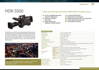 BROADCAST 23
Everytime we reflect ourselves we see an image
| SYSTEM EXPANDER | NETWORK CONTROL PANELS | BOX/POV CAMERAS | TRANSMISSION | MONITORS | ACCESSORIES |
Ultra Low-Light High Sensitivity 3CMOS HDTV Portable CameraHDK-5500
n	2/3-inch1.3 Megapixel Super High
Sensitivity 3CMOS Sensor
n	Sensitivity: F22/2000 lx
(S/N: 56 dB)
n	Output Video Format:
1080/59.94i, 1080 /50 i (HD-SDI)
n	 Lens Mount: B4 (BTA) Type
n	 Analog / Serial I / F Lens Support
n	 Minimum Illumination: 0.001 lx or less (60 frame)
n	 Camera Operator Assist Functions
n	 Docking style Camera Body
The HDK-5500 is a 3CMOS Camera, adapting Ikegami’s leading Camera
and digital technology, achieving super high sensitivity and a high pic-
ture quality. Incorporating 1.3 Megapixel super high sensitivity CMOS
Sensor allows sufficient sensitivity for shooting without using any
lights even under moonlight conditions. It can be used for variety of
purposes such as observation of nature, various documentaries and
real-time reports.
RELATED ITEMS:
TA-97 | FA-97A | FA-55 | DTA-55 | CA-75HD | CCU-980/M | CCU-970/M | BS-98
BSF-55 | BST-55 | VFE740HD | VFL912HD | VFL-P700 | VFL200HD
OCP-300/100/10 | SE-H750
RATINGS / PERFORMANCE
Image Sensor 2/3-inch 1.3 Megapixel CMOS
Scanning System 1080 i 50 / 59.94 YPbPr 4:2:2
Optical System 2/3-inch, RGB 3CMOS, f 1.4
Sensitivity F 22 or more at 2000 lx
S/N Ratio	 56 dB (1080 i)
Limiting Resolution 700 TV lines (1080 i)
ND Optical Filter Disc	 100 %, 25 %, 6.2 %, 1.6 %
Electronic Colour Compensation 3200 K, 4300 K, 6300 K, 8000 K variable
Electrical Gain -6 dB, 6 dB, 12 dB, 18 dB, 24 dB, 30 dB, 36 dB, 42 dB, 48 dB, 54 dB, 60 dB, 66 dB, 72 dB, 78 dB
Electric Shutter 1/100, 1/120, 1/250, 1/500, 1/1000, 1/2000
Minimum Illumination	 0.001 lx
Input Signals
(FA-55)
External Sync SYNC 0.6 V p-p ±6 dB 75 Ω BNC CN 1ch (BB / PS Signal)
Audio -60 dB to +4 dB (variable) / -20 dB (fixed) XLR-3 CN 2ch (600 Ω balanced)
Intercom ENG / PRD / PGM 4-wire / RTS / clearcom XLR 7 or 5 pin
Output Signals
(FA-55)
HD-SDI Serial Digital 75 Ω BNC 1 ch
Monitor HD-SDI VF / RET / MON (MENU Selection) Serial Digital 75 Ω BNC 1 ch
Q-TV 75 Ω VBS 1 ch (2nd
Q-TV: factory option)
AUX-Out VBS signal 1 ch (QTV-1, QTV-2 or Main video selectable by menu) * Available with FA-55
only * QTV-2 can not be selected if BS/CCU does not support 2 ch of Q-TV
DC-Out +12V DC 500 mA
Dimensions / Weight W 138.5 x H 270 x D 337 mm / approx. 4.5 kg (Head  Adaptor)
Operating Temperature -20 °C to +45 °C
Relative Humidity 30 % to 90 % (non-condensing)
Operating Voltage DC +11 to 16 V
Power Consumption Approx. 20 W (without FA-55)
Exampleofapplication
 