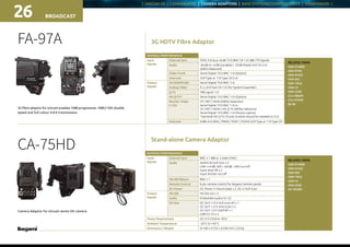 | UNICAM XE | CAMERA HEAD | CAMERA ADAPTORS | BASE STATIONS/CONTROL UNITS | VIEWFINDERS |
BROADCAST26
RELATED ITEMS:
HDK-97ARRI
HDK-970A
HDK-97A/C
HDK-95C
HDK-79GX
HDK-55
HDK-5500
CCU-980/M
CCU-970/M
BS-98
3G HDTV Fibre Adaptor
Stand-alone Camera Adaptor
FA-97A
3G fibre adaptor for Unicam enables 1080 progressive, 1080 / 100 i double
speed and full colour 4:4:4 transmission.
CA-75HD
Camera Adaptor for Unicam series HD camera.
RELATED ITEMS:
HDK-97ARRI
HDK-97A/C
HDK-95C
HDK-79GX
HDK-55
HDK-5500
HC-HD300
RATINGS / PERFORMANCE
Input
Signals
External Sync SYNC 0.6 Vp-p ±6 dB 75 Ω BNC CN 1 ch (BB / PS Signal)	
Audio -60 dB to +4 dB (variable) / -20 dB (fixed) XLR CN 2 ch
(600 Ω balanced)				
Video Trunk Serial Digital 75 Ω BNC 1 ch (Option)	
Intercom XLR Type or 110 Type CN 2 ch		
Output
Signals
3G-SDI/HD-SDI Serial Digital 75 Ω BNC 1 ch		
Analog Video R, G, B D-Sub CN 1 ch (for System Expander)
Q-TV VBS signal 1 ch
HD Q-TV* Serial Digital 75 Ω BNC 1 ch (Option)
Monitor Video
(1.5G)
VF / RET / MON (MENU Selection)
Serial Digital 75 Ω BNC 1 ch or
VF / RET / MON / HD Q-TV (MENU Selection)
Serial Digital 75 Ω BNC 1 ch (factory option)
*Optional HD Q-TV (Trunk) module should be installed in CCU
Intercom 0 dBs 4 ch (ENG / PROD / PGM1 / PGM2) XLR Type or 110 Type CN	
RATINGS / PERFORMANCE
Input
Signals
External Sync BNC x 1 (BB or 3 state SYNC)			
Audio AUDIO IN XLR 3 pin x 2
LINE =+4 dB, MIC= -60 dB, +48 V on / off
Input level VR x 2
Input limitter on / off		
HD-SDI Return BNC x 1				
Remote Control 8-pin remote control for Ikegami remote panels
DC-Power DC Power V mount plate x 2, DC in XLR 4 pin	
Output
Signals
HD-SDI HD-SDI out x 2
Audio Embedded audio CH 1/2
DC-Out DC OUT +12 V XLR 4 pin (F) x 1
DC OUT +12 V mini 4-pin x 2
DC OUT 12 V CAMTAP x 1
USB 5 V 2 A x 2				
Power Requirement DC12 V (10.8 to 18 V)
Ambient Temperature	 -20 °C to +45 °C
Dimension / Weight W 160 x H 235 x D 240 mm / 2.0 kg
 