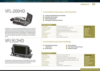 BROADCAST 33
Everytime we reflect ourselves we see an image
| SYSTEM EXPANDER | NETWORK CONTROL PANELS | BOX/POV CAMERAS | TRANSMISSION | MONITORS | ACCESSORIES |
RATINGS / PERFORMANCE
Power Supply DC12 V (DC 10.5 to18 V) 4.1 W
Temperature / Humidity -20 °C to 45 °C / 90 % or less (non-condensing)
Dimensions / Weight W 15 mm x H 7 mm x D 56 mm - 670 g
Input Signals Analogue YPbPr signal (VF Cable) - 75 Ω
Screen 2-inch TFT active matrix Non-interlace / 960 (H) X 540 (V)
Brightness / Contrast 220 cd / m2
Contrast Ratio 250 : 1
Colour Depth TN 16.777.216
Viewing Angle Vertical 70° and horizontal 70°
n	 Compact and high Resolution Viewfinder
n	 QHD 960 x 540 LCD Panel
n	 Highest Image Quality
n	 Input Signal Format auto Detection
2-inch Multi-Format Colour LCD ViewfinderVFL-200HD
VFL200HD is a 2-inch LCD Viewfinder developed for the Unicam HD
Camera Series. The Viewfinder uses a QHD LCD Panel with the resolution
of 960 horizontal pixels and 540 vertical pixels, and allows full colour and
high resolution video monitoring. The Viewfinder is compatible with the
functions and operations of the obsolete Ikegami 2-inch CRT Viewfind-
er. It adds new features identically to the large colour LCD Viewfinder
range.
RELATED ITEMS:
HDK-97ARRI
HDK-97A/C
HDK-95C
HDK-79GX
HDK-55
HDK-5500
NAC HI MOTION II
RATINGS / PERFORMANCE
Power Supply DC12 V (DC +10.5 V to +18 V) 13.5 W
Ambient Humidity 20 % to 85 % (non-condensing)
Dimensions / Weight W 260 x H 155 x D 54.9 mm - 1.6 kg (VF body + cable)
Input Signals Analog RGB / YPbPr signal (VF Cable) / HD-SDI BNC x 1 - 75 Ω
Screen 226.1 mm diagonal IPS Pro active matrix, line seq. scanning
Screen Brightness 350  cd  / m 2
or more
Colour Temperature 6500 K
Contrast Ratio 1000:1 (typical)
Angle of Visibility Up-and-Lower 176 °, Right-and-Left 176 °
9-inch Multi-Format LCD ViewfinderVFL912HD
RELATED ITEMS:
HDK-97ARRI
HDK-970A
HDK-97A/C | HDK-95C
HDK-790GX
HDK-79GX
HDK-55 | HDK-5500
NAC HI MOTION II
SE-H750
n	 High Performance liquid
Crystal Panel
n	Multi-Format
n	 Built-in Markers
n	 User Marker Display Function
n	 Shadow Functions
The VFL912HD is a Multi-­format LCD Colour Viewfinder for the Unicam
HD Series. It incorporates various Marker functions, WFM  Vector Scope
that are featured in the HLM Series Broadcast LCD Monitors.
 