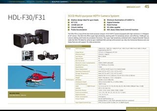 BROADCAST 45
Everytime we reflect ourselves we see an image
| SYSTEM EXPANDER | NETWORK CONTROL PANELS | BOX/POV CAMERAS | TRANSMISSION | MONITORS | ACCESSORIES |
Everytime we reflect ourselves we see an image
3CCD Multi-purpose HDTV Camera System
The HDL-F30 is a top-of-the-line multi-purpose compact 3CCD HDTV Camera equipped with high resolution 2.3 Megapix-
el AIT sensor. The HDL-F30 offers super high sensitivity, starting with F10 sensitivity sensor, and offering +54dB gain up,
Column Adding, and Frame Accumulation functions. The super high sensitivity combined with a Digital Extender feature
make the HDL-F30 ideal for airborne gyro stabilized ENG and law enforcement use. Also the Horizontal Reverse and Line
Delay features will support 3D video production.
n	 Shallow design ideal for gyro heads
n	 AIT CCD
n	 +54 dB Gain UP
n	 Column Adding
n	 Frame Accumulation
n	 Minimum Illumination of 0.00027 lx
n	 Digital Extender
n	Multi-Format
n	 3D video capable
n	 AVC (Auto Video-level Control) Function
RELATED ITEMS:
OCP-300/100/10 | RM-51A
HDL-F30/F31
RATINGS / PERFORMANCE
Ratings Scanning System 1080/59.94 i, 1080 / 50 i, 1080/29.97 psF, 1080 / 25 psF (1080 /24 psF 1080 / 23.98 psF
Supported by HDL-F31
Image Sensor 2/3-inch, 2.3 Megapixel, AIT CCD
Effective Pixels 1920 (H) x 1080 (V)
Lens Mount BTA S-1005 B
Optical Filter PS
(W / Full Servo) PS
Electronic Colour Compensation 3200 K / 5600 K selectable
Sampling Frequency 74.1758 MHz or 74.25 MHz
Quantization 14-Bit
Power Requirement +11 VDC to +16 VDC (up to 15 m Camera Cable)
Operating Temperature Head -20 °C to +45 °C / CCU -10 °C to +45 °C
Storage Temperature Head -30 °C to +60 °C / CCU -20 °C to +60 °C
Dimensions Head W 100 x H 123 x D 80 mm / CCU W 120 x H 105 x D 180 mm
Weight Head 1.0 kg approx.  / CCU 1.5 kg approx.
Performance S/N Ratio -60 dB or more (1080 / 50i)
Modulation Depth 40 % or more at 800  TVL, 27.5 MHz (1080 i)
Limiting Resolution 1000 TV lines
GAIN 1080i Format -6,-3, 0,+3,+6,+9,+12,+18,+24,+30,+36,+42,+48,+54 dB‚ (1080 psF: Max +12 dB)
GAMMA OFF, 0. 35, 0.40, 0.45
Electronic Shutter 1/100, 1/120, 1/250, 1/500,1/1000, 1/2000 
Frame Accumulation 1/15, 1/10, 1/8, 1/6, 1/5, 1/4, 1/3, 1/2, 1, 2 (sec.)
Digital Extender 1.5 X, 2 X, 3 X, 4 X
Power Consumption 25 W approx.
Output Signals HD-SDI (SMPTE292M) 2 ch
Analog Video R, G, B/Y, Pb/Pr selectable (Multi-pin Connector)
Input Signal External Sync SYNC 0.6 Vp-p ±6 dB 75 Ω BNC CN 1 ch (BB/PS Signal)
 