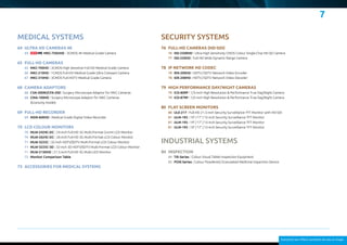7
Everytime we reflect ourselves we see an image
MEDICAL SYSTEMS
64	 ULTRA HD CAMERAS 4K
	 64	 MKC-750UHD | 3CMOS 4K Medical Grade Camera
65	 FULL-HD CAMERAS
	 65	 MKC-700HD | 3CMOS High Sensitive Full-HD Medical Grade Camera
	 66	 MKC-210HD | 1CMOS Full-HD Medical Grade Ultra Compact Camera
	 67	 MKC-310HD | 3CMOS Full-HDTV Medical Grade Camera
68	 CAMERA ADAPTORS
	 68	 CVA-300RI/CFA-200 | Surgery Microscope Adaptor for MKC Cameras
	 68	 CMA-100HD | Surgery Microscope Adaptor for MKC Cameras
		 (Economy model)
69	FULL-HD RECORDER
	 69	 MDR-600HD | Medical Grade Digital Video Recorder
70	 LCD COLOUR MONITORS
	70	 MLW-2424C-DC | 24-inch Full-HD 3G Multi-Format Grumt LCD Monitor
	70	 MLW-2624C-DC | 26-inch Full-HD 3G Multi-Format LCD Colour Monitor		
	 71	 MLW-3225C | 32-inch HDTV/SDTV Multi-Format LCD Colour Monitor
	 71	 MLW-3225C-3D | 32-inch 3D HDTV/SDTV Multi-Format LCD Colour Monitor
	71	 MLW-2150HD | 21.5-inch Full-HD 3G Multi-LED Monitor
	72	 Monitor Comparison Table
73	 ACCESSORIES FOR MEDICAL SYSTEMS
SECURITY SYSTEMS
76	 FULL-HD CAMERAS (HD-SDI)
	 76	 ISD-2500HD | Ultra High Sensitivity CMOS Colour Single-Chip HD-SD Camera
	 77	 ISD-220HD | Full-HD Wide Dynamic Range Camera
78	 IP NETWORK HD CODEC
	 78	 IEN-200HD | HDTV / SDTV Network Video Encoder
	 78	 IDE-200HD | HDTV / SDTV Network Video Decoder
79	 HIGH PERFORMANCE DAY/ NIGHT CAMERAS
	 79	 ICD-809P | 1/3-inch High Resolution & Performance True Day/Night Camera
	 79	 ICD-879P | 1/2-inch High Resolution & Performance True Day/Night Camera
80	 FLAT SCREEN MONITORS
	 80	 ULE-217 | Full-HD 21.5-inch Security Surveillance TFT Monitor with HD-SDI
	 81	 ULM-193 | 19“ / 17“ / 15-inch Security Surveillance TFT Monitor
	 81	 ULM-193 | 19“ / 17“ / 15-inch Security Surveillance TFT Monitor
	 81	 ULM-193 | 19“ / 17“ / 15-inch Security Surveillance TFT Monitor
INDUSTRIAL SYSTEMS
84	 INSPECTION
	 84	 TIE-Series | Colour Visual Tablet Inspection Equipment
	 85	 POIE-Series | Colour Powdered / Granulated Medicine Inspection Device
NEW
 