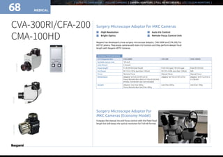 MEDICAL68
| ULTRA HD CAMERAS 4K | FULL-HD CAMERAS | CAMERA ADAPTORS | FULL HD RECORDERS | LCD COLOUR MONITORS |
RATINGS / PERFORMANCE
LCD Diagonal Size  CVA-300RI CFA-200 CMA-100HD
Suitable sensor size 1/3-inch
Lens Mount  C-mount
Focal length f = 45-59 mm (Vari-focal) f=45 mm type / 59 mm type Fixed (f=55mm)
Iris Power DC 12 V ± 10 %; less than 120 mA DC12V ±10%, less than 120mA N/A
Focus Remote Focus Manual Focus Manual Focus
Dimensions Adaptor: W 132 x H 107 x D 53
Focus Remote Box: W 65 x H 135 x D 245 mm
(Knobs, Connectors are not included)
Adaptor: W 132 x H 107 x D 53 Adaptor: W 57.5 x H 55.5 
x D 36 mm
Weight Adaptor: less than 600 g
Focus Remote Box: less than 200 g
Less than 600 g Less than 185g
CVA-300RI/CFA-200
CMA-100HD
Surgery Microscope Adaptor for MKC Cameras
Surgery Microscope Adaptor for
MKC Cameras (Economy Model)
Ikegami has developed a new surgery microscope Adaptor, CVA-300R and CFA-200, for
HDTV Camera. They equip cameras with Auto iris function and they perform deeper focal
length with Ikegami HDTV Cameras.
n	 High Resolution
n	 Bright Optics
n	 Auto Iris Control
n	 Remote Focus Control Unit
It equips the manual iris and focus control with the fixed focal
length but still keeps the optical resolution for Full-HD format.
Exampleofapplication
RemoteControllerforCVA-300RI
CVA-300RI
CFA-200CMA-100HD
 