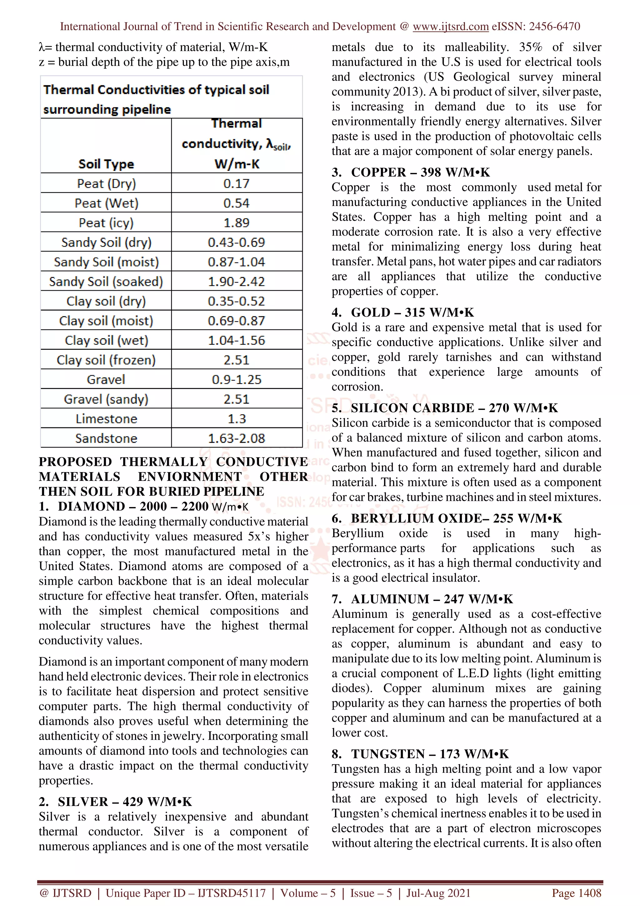 International Journal of Trend in Scientific Research and Development @ www.ijtsrd.com eISSN: 2456-6470
@ IJTSRD | Unique Paper ID – IJTSRD45117 | Volume – 5 | Issue – 5 | Jul-Aug 2021 Page 1408
λ= thermal conductivity of material, W/m-K
z = burial depth of the pipe up to the pipe axis,m
PROPOSED THERMALLY CONDUCTIVE
MATERIALS ENVIORNMENT OTHER
THEN SOIL FOR BURIED PIPELINE
1. DIAMOND – 2000 – 2200 W/m•K
Diamond is the leading thermally conductive material
and has conductivity values measured 5x’s higher
than copper, the most manufactured metal in the
United States. Diamond atoms are composed of a
simple carbon backbone that is an ideal molecular
structure for effective heat transfer. Often, materials
with the simplest chemical compositions and
molecular structures have the highest thermal
conductivity values.
Diamond is an important component of many modern
hand held electronic devices. Their role in electronics
is to facilitate heat dispersion and protect sensitive
computer parts. The high thermal conductivity of
diamonds also proves useful when determining the
authenticity of stones in jewelry. Incorporating small
amounts of diamond into tools and technologies can
have a drastic impact on the thermal conductivity
properties.
2. SILVER – 429 W/M•K
Silver is a relatively inexpensive and abundant
thermal conductor. Silver is a component of
numerous appliances and is one of the most versatile
metals due to its malleability. 35% of silver
manufactured in the U.S is used for electrical tools
and electronics (US Geological survey mineral
community 2013). A bi product of silver, silver paste,
is increasing in demand due to its use for
environmentally friendly energy alternatives. Silver
paste is used in the production of photovoltaic cells
that are a major component of solar energy panels.
3. COPPER – 398 W/M•K
Copper is the most commonly used metal for
manufacturing conductive appliances in the United
States. Copper has a high melting point and a
moderate corrosion rate. It is also a very effective
metal for minimalizing energy loss during heat
transfer. Metal pans, hot water pipes and car radiators
are all appliances that utilize the conductive
properties of copper.
4. GOLD – 315 W/M•K
Gold is a rare and expensive metal that is used for
specific conductive applications. Unlike silver and
copper, gold rarely tarnishes and can withstand
conditions that experience large amounts of
corrosion.
5. SILICON CARBIDE – 270 W/M•K
Silicon carbide is a semiconductor that is composed
of a balanced mixture of silicon and carbon atoms.
When manufactured and fused together, silicon and
carbon bind to form an extremely hard and durable
material. This mixture is often used as a component
for car brakes, turbine machines and in steel mixtures.
6. BERYLLIUM OXIDE– 255 W/M•K
Beryllium oxide is used in many high-
performance parts for applications such as
electronics, as it has a high thermal conductivity and
is a good electrical insulator.
7. ALUMINUM – 247 W/M•K
Aluminum is generally used as a cost-effective
replacement for copper. Although not as conductive
as copper, aluminum is abundant and easy to
manipulate due to its low melting point. Aluminum is
a crucial component of L.E.D lights (light emitting
diodes). Copper aluminum mixes are gaining
popularity as they can harness the properties of both
copper and aluminum and can be manufactured at a
lower cost.
8. TUNGSTEN – 173 W/M•K
Tungsten has a high melting point and a low vapor
pressure making it an ideal material for appliances
that are exposed to high levels of electricity.
Tungsten’s chemical inertness enables it to be used in
electrodes that are a part of electron microscopes
without altering the electrical currents. It is also often
 