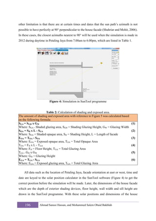 other limitation is that there are at certain times and dates that the sun path’s azimuth is not
possible to have perfectly at 90° perpendicular to the house facade (Shahriar and Mohit, 2006).
In these cases, the closest azimuths nearest to 90° will be used when the simulation is made in
2012 during daytime in Petaling Jaya from 7.00am to 6.00pm, which are listed in Table 1.

Figure 4: Simulation in SunTool programme

Table 2: Calculation of shading and exposed area.
The amount of shading and exposed area with reference to Figure 5 was calculated based
on the following formula:
SGA = SGH x GW
Where: SGA = Shaded glazing area, SGH = Shading Glazing Height, GW = Glazing Width
SOA = SH x L - SGA
Where: SOA = Shaded opaque area, SH = Shading Height, L = Length of facade
EOA = TOA - SOA
Where: EOA = Exposed opaque area, TOA = Total Opaque Area
TOA = FH x L - TGA
Where: FH = Floor Height, TGA = Total Glazing Area
TGA = GH x GW
Where: GH = Glazing Height
EGA = TGA - SGA
Where: EGA = Exposed glazing area, TGA = Total Glazing Area

(1)
(2)
(3)
(4)
(5)
(6)

All data such as the location of Petaling Jaya, facade orientation at east or west, time and
date are keyed to the solar position calculator in the SunTool software (Figure 4) to get the
correct position before the simulation will be made. Later, the dimensions of the house facade
which are the depth of exterior shading devices, floor height, wall width and sill height are
drawn in the SunTool programme. With these solar positions and dimensions of the house

196

Ahmad Sanusi Hassan, and Mohammed Salem Obaid Bakhlah

 