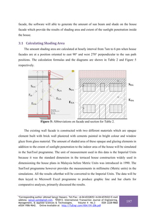 facade, the software will able to generate the amount of sun beam and shade on the house
facade which provide the results of shading area and extent of the sunlight penetration inside
the house.

3.1 Calculating Shading Area 
The amount shading area are calculated at hourly interval from 7am to 6 pm when house
facades are at a position oriented to east 90° and west 270° perpendicular to the sun path
positions. The calculation formulas and the diagrams are shown in Table 2 and Figure 5
respectively.

SOA

SOA
SGA

SGA

FH
EGA
EOA

EGA

EOA

Figure 5: Abbreviations on facade and section for Table 2.
The existing wall facade is constructed with two different materials which are opaque
element built with brick wall plastered with cements painted in bright colour and window
glaze from glass material. The amount of shaded area of these opaque and glazing elements in
addition to the extent of sunlight penetration to the indoor area of the house will be simulated
in the SunTool programme. The unit of measurement used in this data is the Imperial Units
because it was the standard dimension in the terraced house construction widely used in
dimensioning the house plans in Malaysia before Metric Units was introduced in 1990. The
SunTool programme however provides the measurements in millimetre (Metric units) in the
simulations. All the results afterthat will be converted to the Imperial Units. The data will be
then keyed to Microsoft Excel programme to produce graphic line and bar charts for
comparative analyses, primarily discussed the results.

*Corresponding author (Ahmad Sanusi Hassan). Tel/Fax: +6-04-6532835/+6-04-6576523 E-mail
address: sanusi.usm@gmail.com.
2013. International Transaction Journal of Engineering,
Management, & Applied Sciences & Technologies.
Volume 4 No.3
ISSN 2228-9860
eISSN 1906-9642. Online Available at http://TuEngr.com/V04/191-206.pdf

197

 