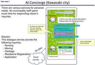 AI Concierge (Kawasaki city)
9
List of the day that the garbage gathered
How to abundant bottles
How to separate my garbage
I inform you the rerated information.
Please click the following button.
How to recycle.
How to abandon electronic appliance.
AI show you services.
You can use free
word by using the
bottom field.
There are various services for personal
needs. So municipality staff spent
much time for responding citizen’s
inquiries.
Solution
This dialogue service provide the
following inquiries,
- Nursing
- Moving
- Garbage
- Residence Registration
- Application
The Place you deliver it.
Link to web page
of the service
Free key word
AI Concierge
Cloud
service
Use case 1
 