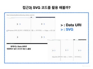 @zineeworld
접근3) SVG 코드를 활용 해볼까?
https://zineeworld.github.io/demo/svg_fonticon_test.html
Windows (좌측 상단부터 시계방향으로 크롬 >> 파이어폭스 >> Edge >> IE11)
MacOS (좌측부터 크롬 >> 사파리 >> 파이어폭스)
IE에서는 Data URI로
변환해서 넣은 코드만 정상 노출됨
> : Data URI
> : SVG
 