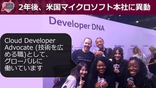 #DevFestWomen
2年後、米国マイクロソフト本社に異動
Cloud Developer
Advocate (技術を広
める職)として、
グローバルに
働いています
 