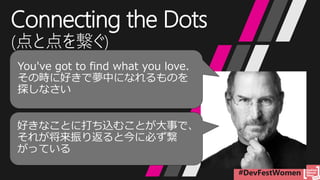 #DevFestWomen
Connecting the Dots
(点と点を繋ぐ)
好きなことに打ち込むことが大事で、
それが将来振り返ると今に必ず繋
がっている
You've got to find what you love.
その時に好きで夢中になれるものを
探しなさい
 