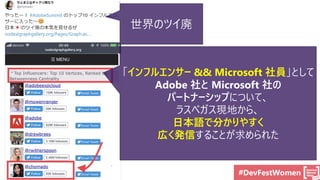 #DevFestWomen
世界のツイ廃
「インフルエンサー && Microsoft 社員」として
Adobe 社と Microsoft 社の
パートナーシップについて、
ラスベガス現地から、
日本語で分かりやすく
広く発信することが求められた
 