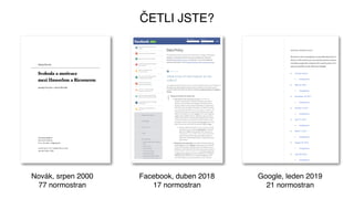 ČETLI JSTE?
Novák, srpen 2000
77 normostran
Google, leden 2019
21 normostran
Facebook, duben 2018
17 normostran
 