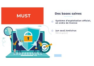 (un seul) Antivirus
Des bases saines
C o n s e i l s à l ’ i n s t a l l a t i o n
Système d’exploitation officiel,
en ordre de licence
Même gratuit
MUST
 
