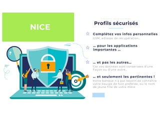 Profils sécurisés
C o n s e i l s a u q u o t i d i e n
NICE
… et pas les autres…
… pour les applications
importantes …
Complétez vos infos personnelles
Car vos données sont conservées d’une
Façon ou d’une autre…
GSM, adresse de récupération…
… et seulement les pertinentes !
Votre banque n’a pas besoin de connaître
votre équipe de foot préférée, ou le nom
de jeune fille de votre mère
 
